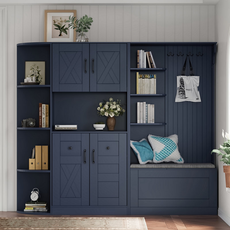 Armoire de vestibule multifonctionnelle gauche-droite avec rangement et 4 crochets, Blanc