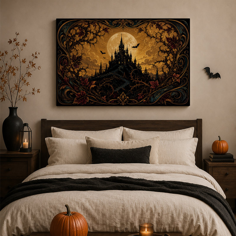 Château gothique sous la pleine lune avec cadre épineux - Toile murale d'Halloween, H 12 po x l 18 po