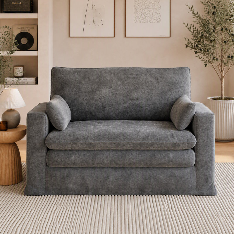 Canapé deux places en chenille avec 2 coussins, modèle infonuagique, accoudoirs carrés, Gris