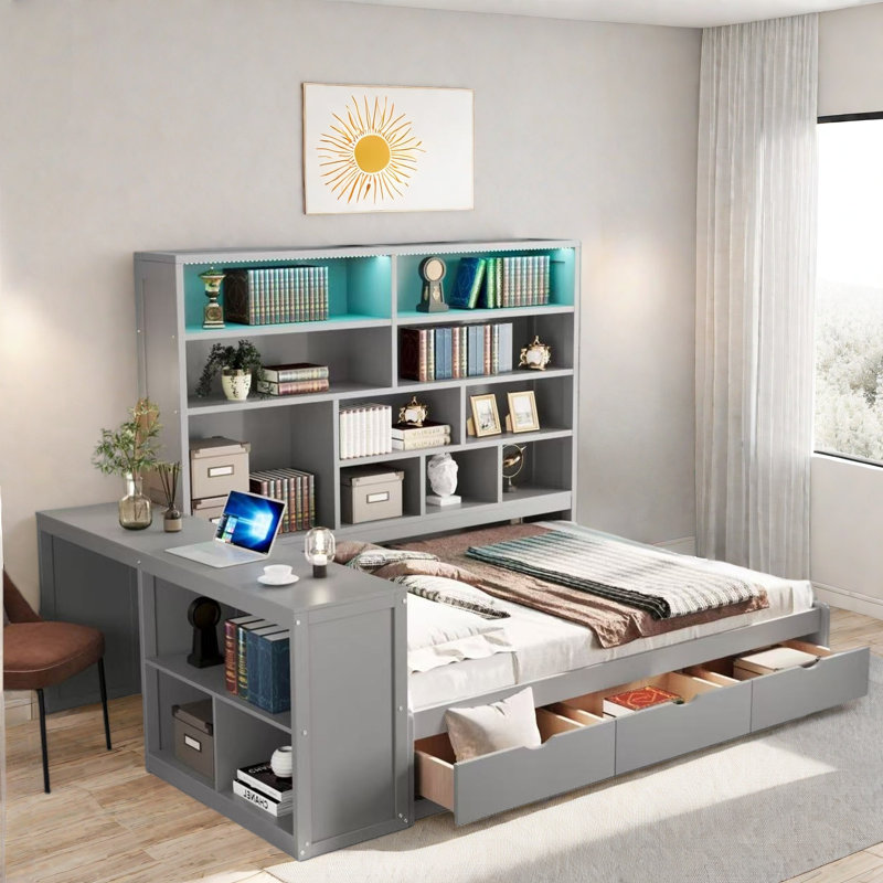 Lit de jour en bois avec 3 tiroirs, bureau, tablettes ouvertes, lumières et station de charge, Gris