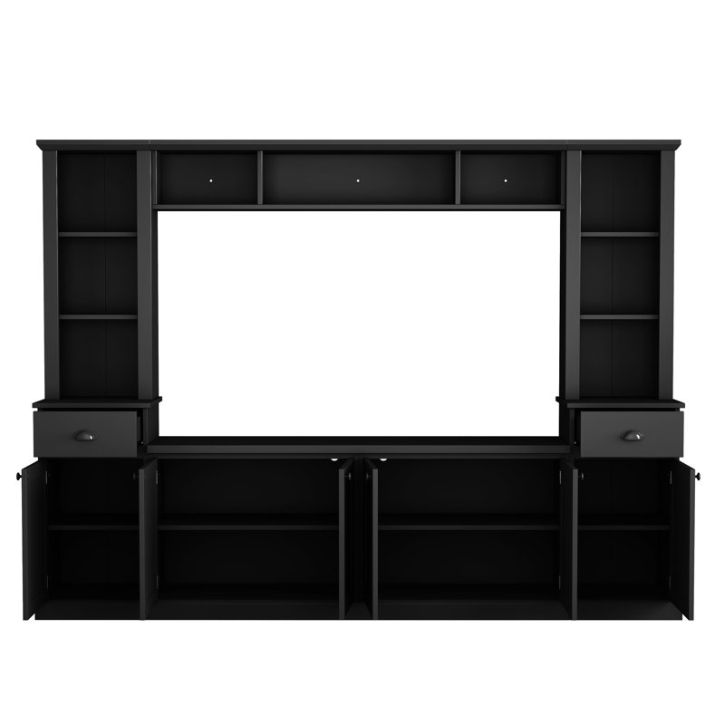 Meuble télé compatible avec téléviseur 75 pouces, noir, avec rangement polyvalent et tablettes réglables en hauteur, finition noire.