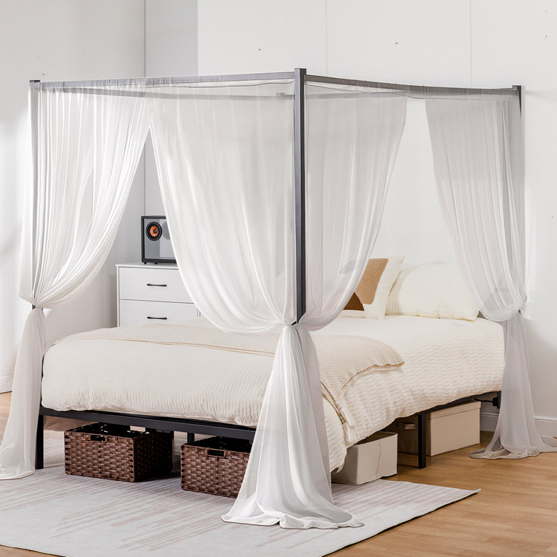 Canopy Bed Frame, Metal Bed Frame With Movable Charging Station, Four-Poster Canopy Bed With Built-In Headboard And Under Bed Storage Space, No Box Spring Needed, Easy Assembly, Black