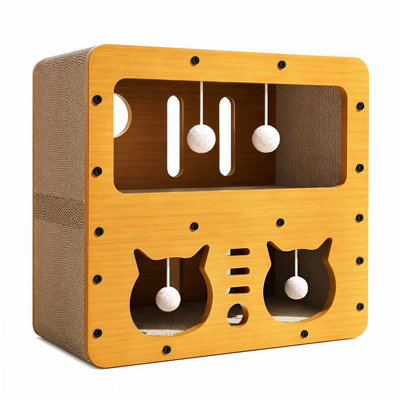 Grattoir pour chat en bois et en carton ondulé avec boules de jouets interactives, lit de chat à plusieurs niveaux pour chats d'intérieur, style brun 05