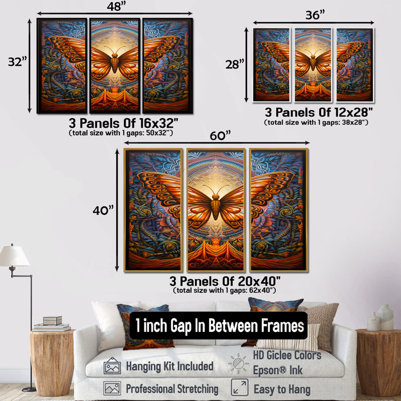 Charlena - ensemble d'impressions d'art mural papillon, Encadrement argenté, H 32 po x l 48 po x P 1 po