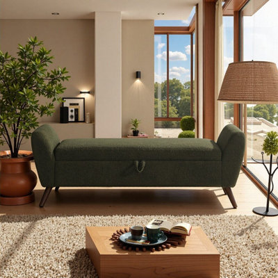 60'' Storage Bench With Mid-Century Wood Legs, Spacious Seating & Hidden Storage For Living Room & Bedroom