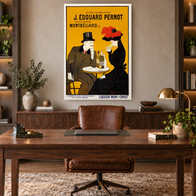 French Cafe Couple Vintage Yellow Poster Canvas Wall Art