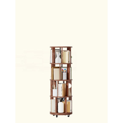 100%Solid Wood Rotating Bookshelf On Wheels, 4 Tier, Round Revolving Bookcase, 360° Spinning Book Shelf Tower For Kids, Narrow Rolling Bookshelves For Small Space, Corner, Bedroom, Office, Walnut