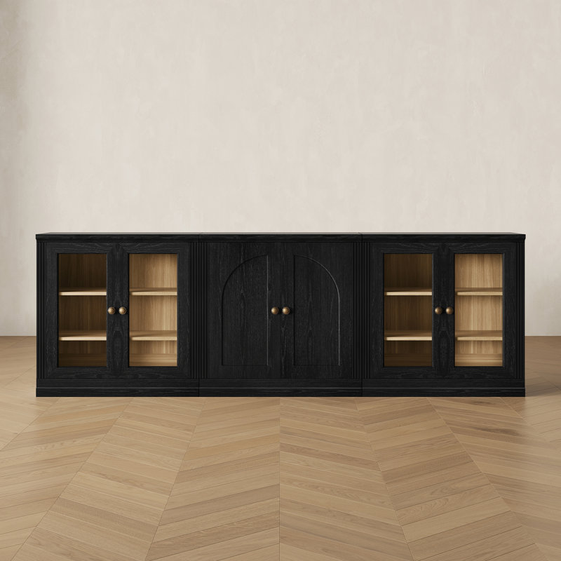Ensemble de buffet modulaire Monos 95,1 po avec portes d'exposition et rangement, noir, Black