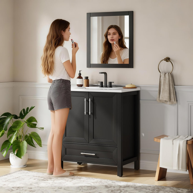 Meuble-lavabo 24 po avec lavabo, armoire en bois avec tiroir de rangement et portes à fermeture en douceur, noir