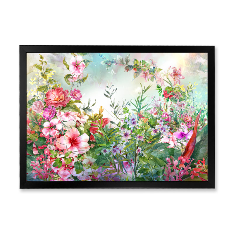 «Modern Pink and Green Summer Garden VII», reproduction sur toile flottante, Cadre noir, H 8 po x l 12 po x P 1 po