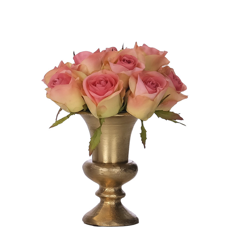 Rose, rose pêche, urne en laiton, l 7 x P 7 x H 8