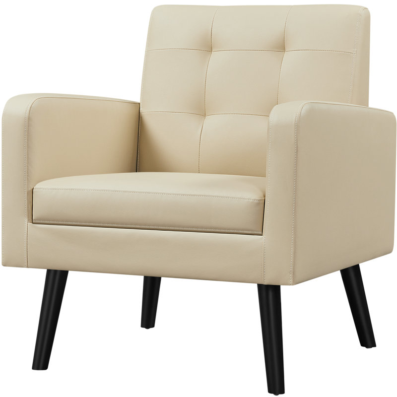 Bakhyt Tufted  Faux Leather Armchair with Solid Wood Leg, Beige
