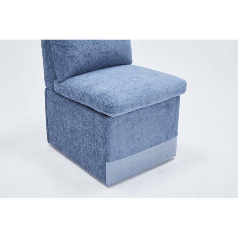 Ensemble de 2 chaises de salle à manger rembourrées en lin bleu avec roulettes et rangement
