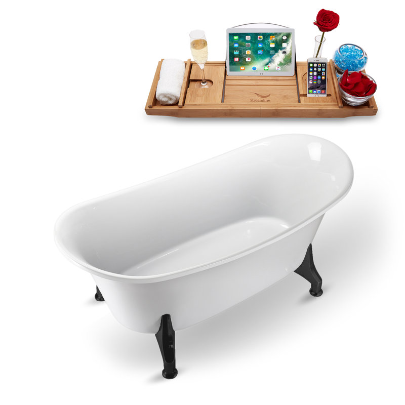 67'' Streamline Clawfoot Soaking Acrylic Bathtub With Drain, Clawfeet, and Bamboo Tray, Matte Black, Polished Gold