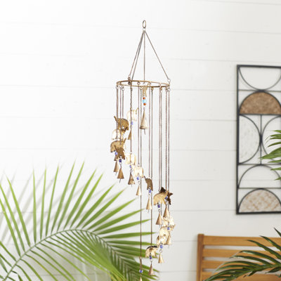 Metal Elephant Indoor Outdoor Brass Windchime with Beads and Cone Bells