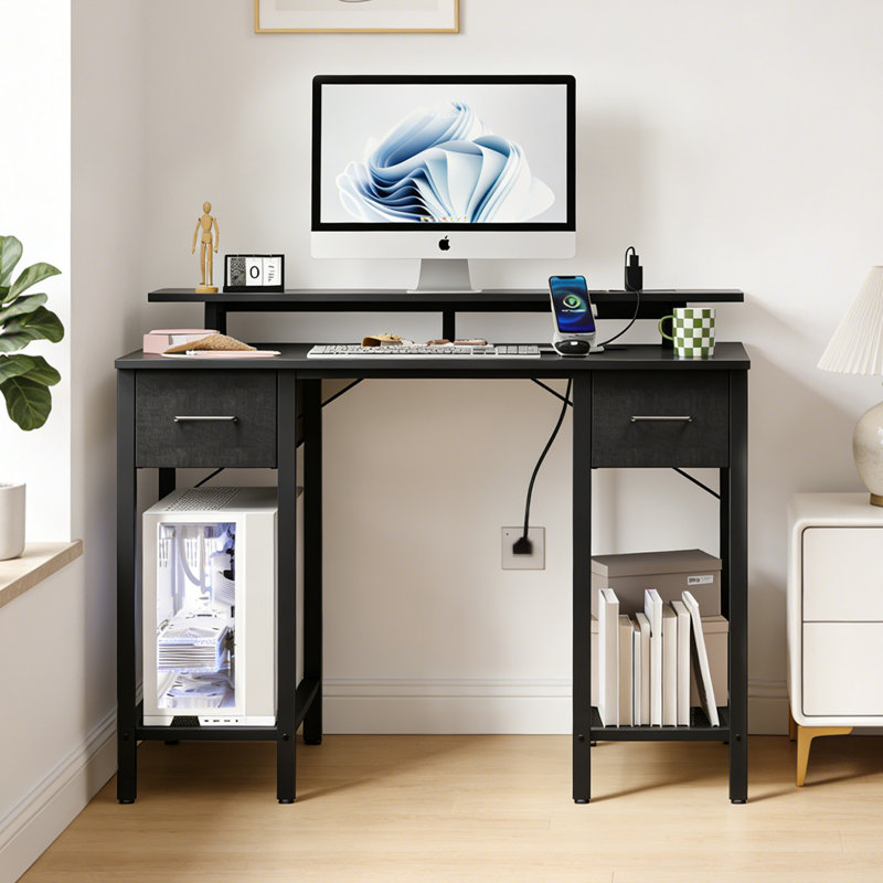 Bureau d'ordinateur noir avec tiroirs, bureau d'écriture de bureau à domicile de 42 pouces, bureau de jeu avec prises USB, bureau avec tiroir en tissu, table de travail avec tablette pour chambre à coucher, noir