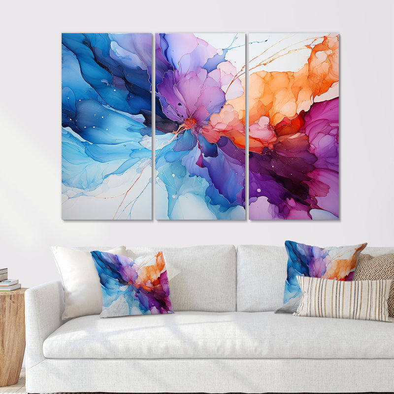 Orange et bleu sarcelle Essence Ink I - encre liquide, ensemble d'art mural abstrait, Toile tendue
