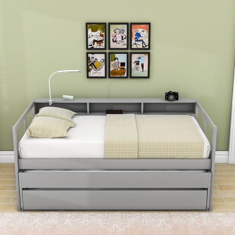 Twin XL Wooden Daybed with Dual Trundles, USB Charging Ports and Storage Compartments, Gray