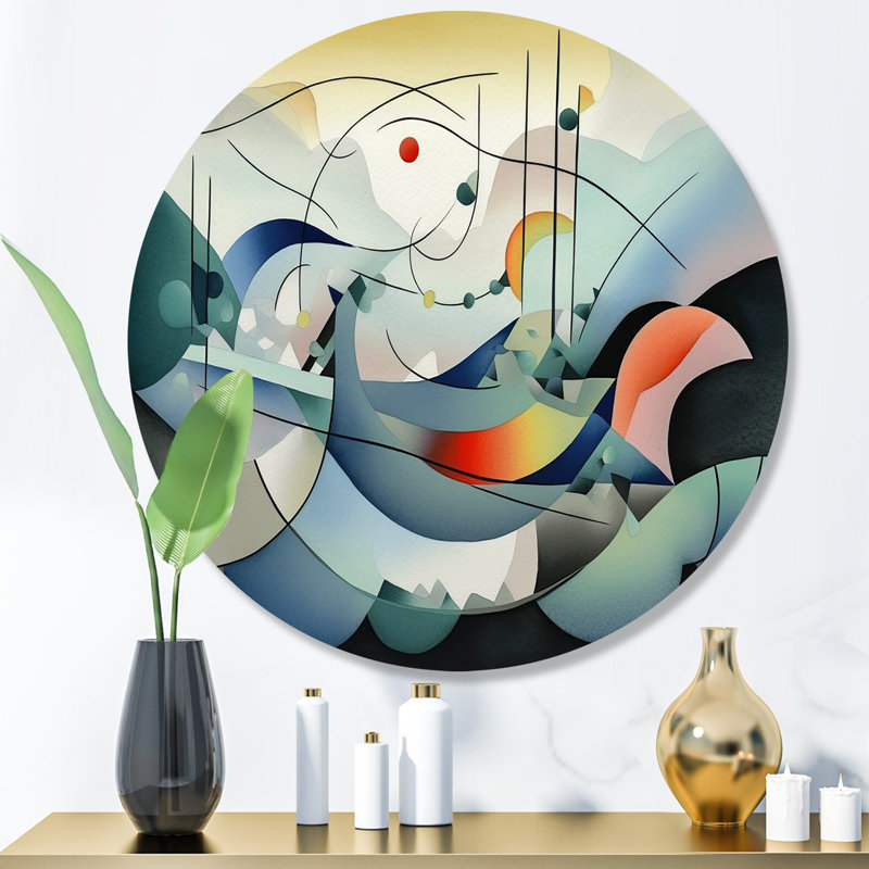 Orange And Blue Geometric Compositions - Abstract Geometric Round Wall Art on Metal, 16" H x 16" W x 1" D