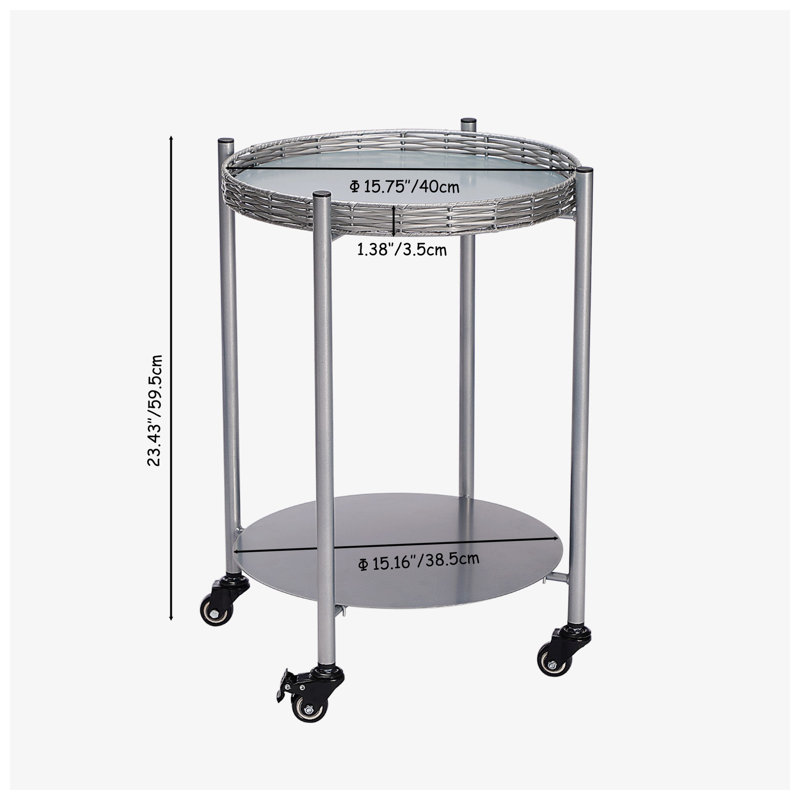 Table de bout ronde en métal thermolaqué à 2 niveaux avec roulettes verrouillables YIQiumI l 15,75 po x P 15,16 po x H 23,43 po