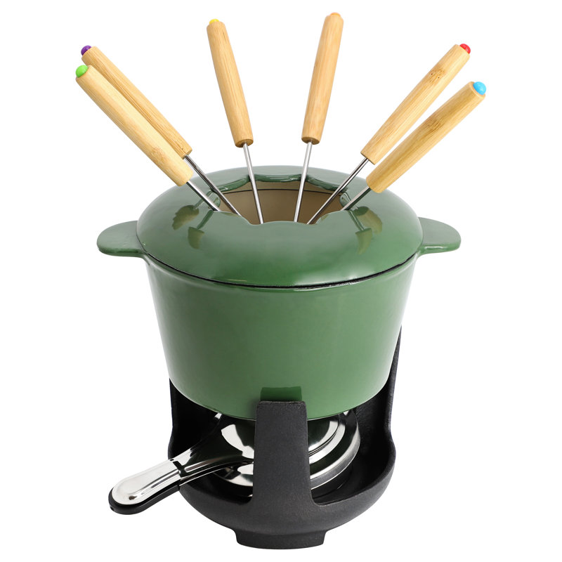 Fondue en fonte émaillée MegaChef avec 6 fourchettes de service en vert