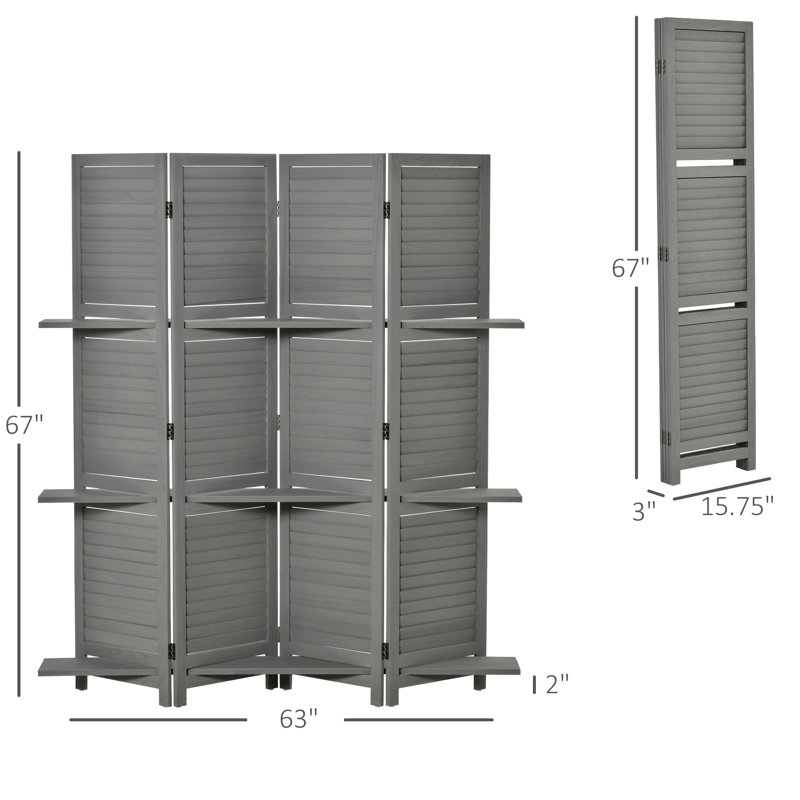 Cloison d'intimité 4 pièces 4 pièces, 5,6 pi gris avec tablettes, paravents en bois rustique, tablettes de rangement pour chambre à coucher / bureau,
