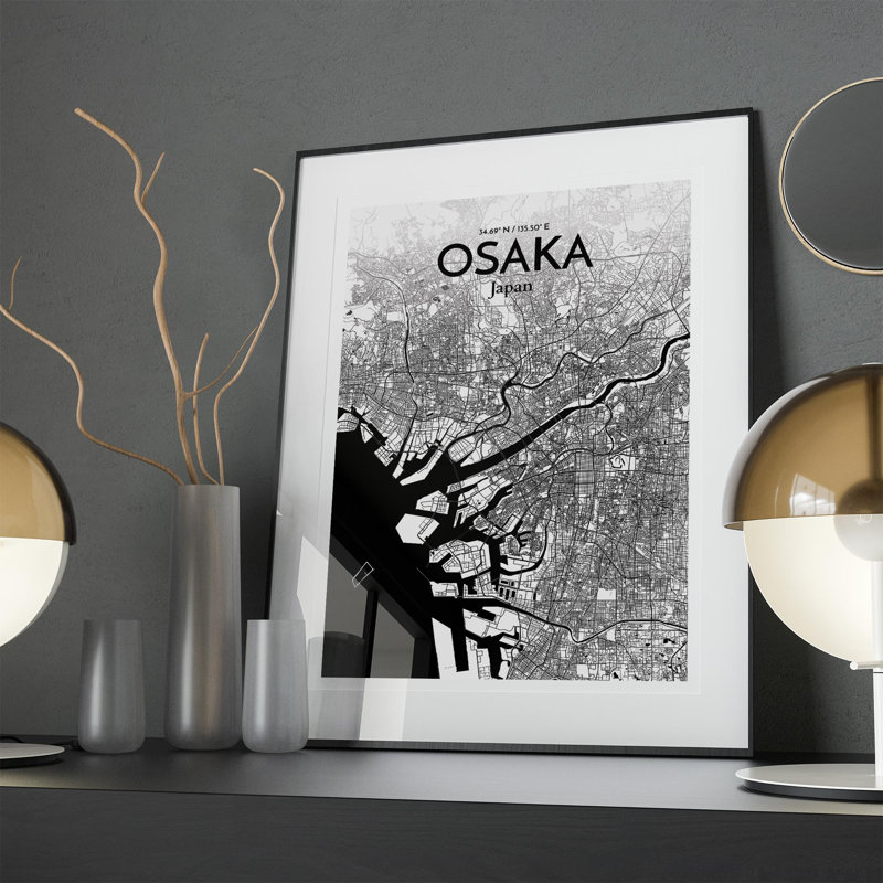 Osaka City Map In Ink - No Frame Print, 27.6cm H x 19.7cm W x 0.05cm D