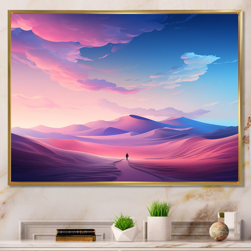Dunes célestes roses et bleues «Desert Expedition III» - art mural désert, Cadre d'angle fermé noir