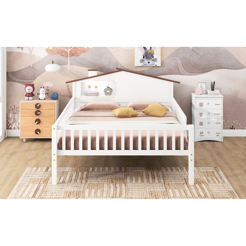 Lit double avec tête de lit, unité de rangement à DEL et abri, tête de lit blanc rustique, taille, intérieur et DEL, Blanc