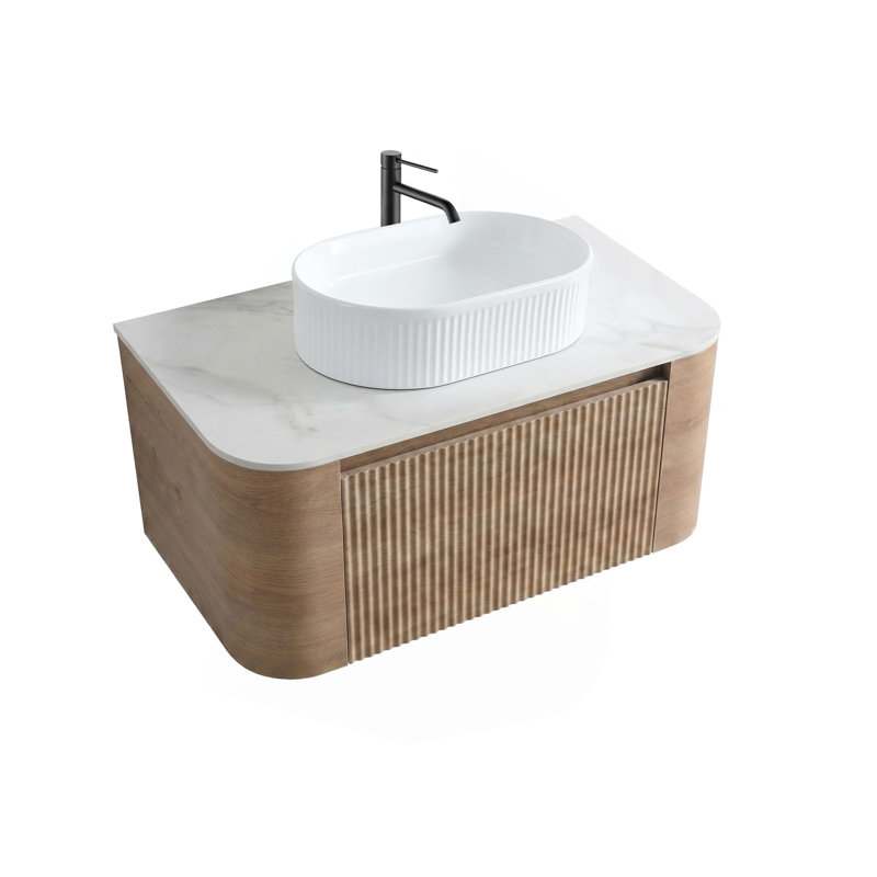 Meuble-lavabo Erba 36 pouces avec lavabo, armoire murale couleur miel avec porte-serviettes offert, lavabo ovale en céramique à rayures, sans bonde ni robinet, préassemblé