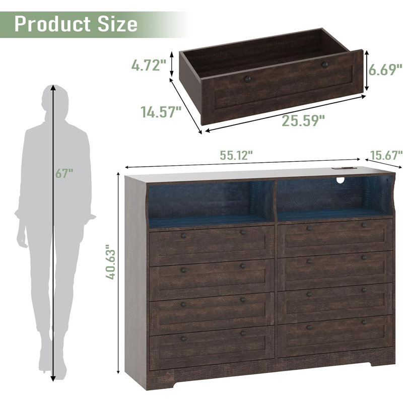55" Wide 8-Drawer Dresser with Storage, LED & Charging Station, Black, Brown