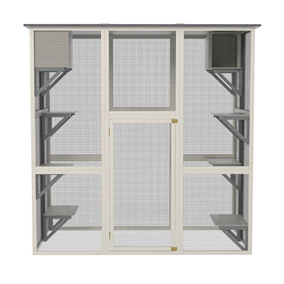 Enclos pour chat gris en bois pour l'extérieur, toit, 6 plateformes, 2 boîtes de couchage, cage fiable