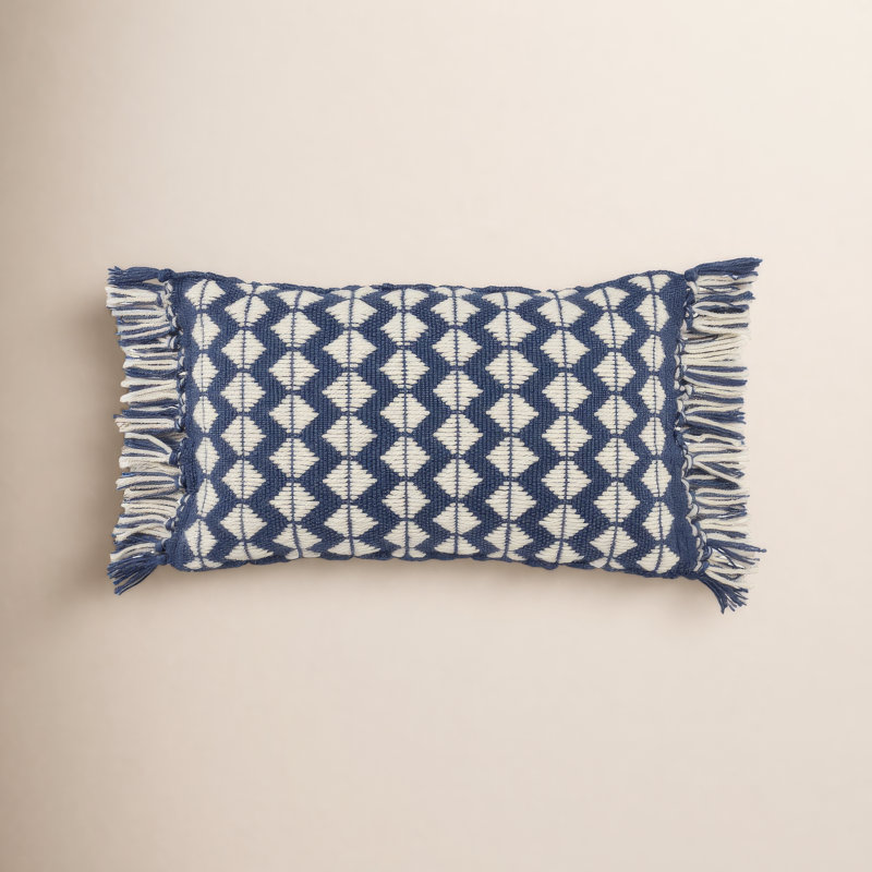 Senda Fringed Outdoor Throw Pillow, Dark Blue/Ivory, Polyester/Polyfill