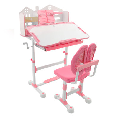Pink Adjustable Height Kids Desk and Chair Set 31.5" Tiltable Study Desk with Drawers & Whiteboard Surface Ergonomic Children Study Table with Double Backrest Chair for Ages 3-12 Bedroom Playroom