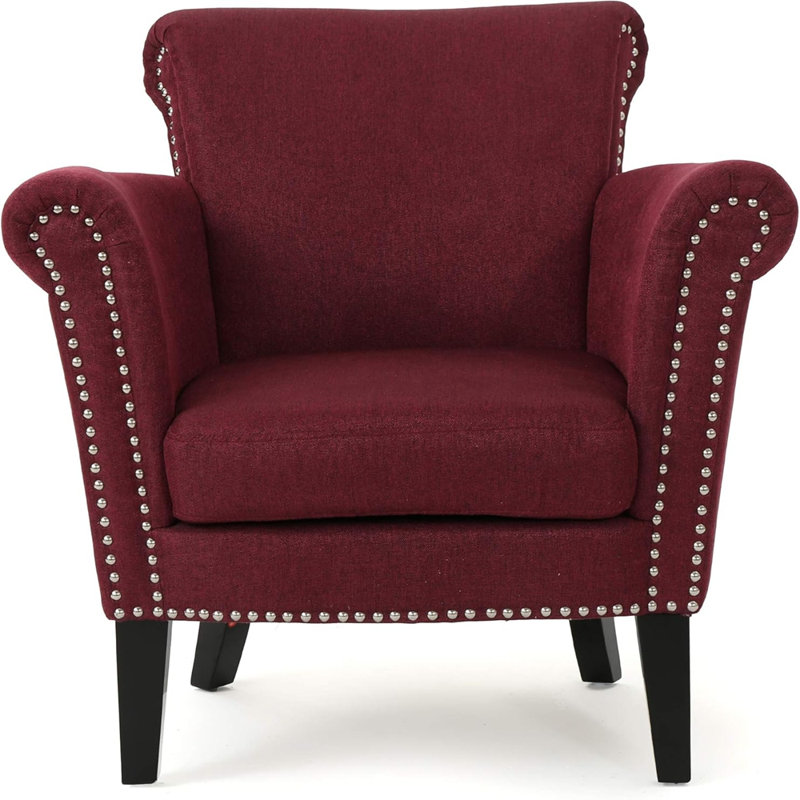 Fauteuil club à oreilles en tissu avec garniture cloutée, Bourgogne