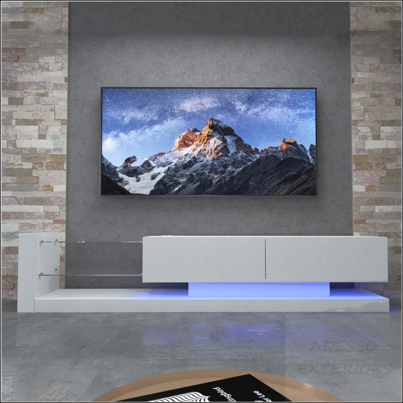 Meuble télé à DEL pour téléviseur de 75 po avec prise de courant et portes escamotables, Blanc