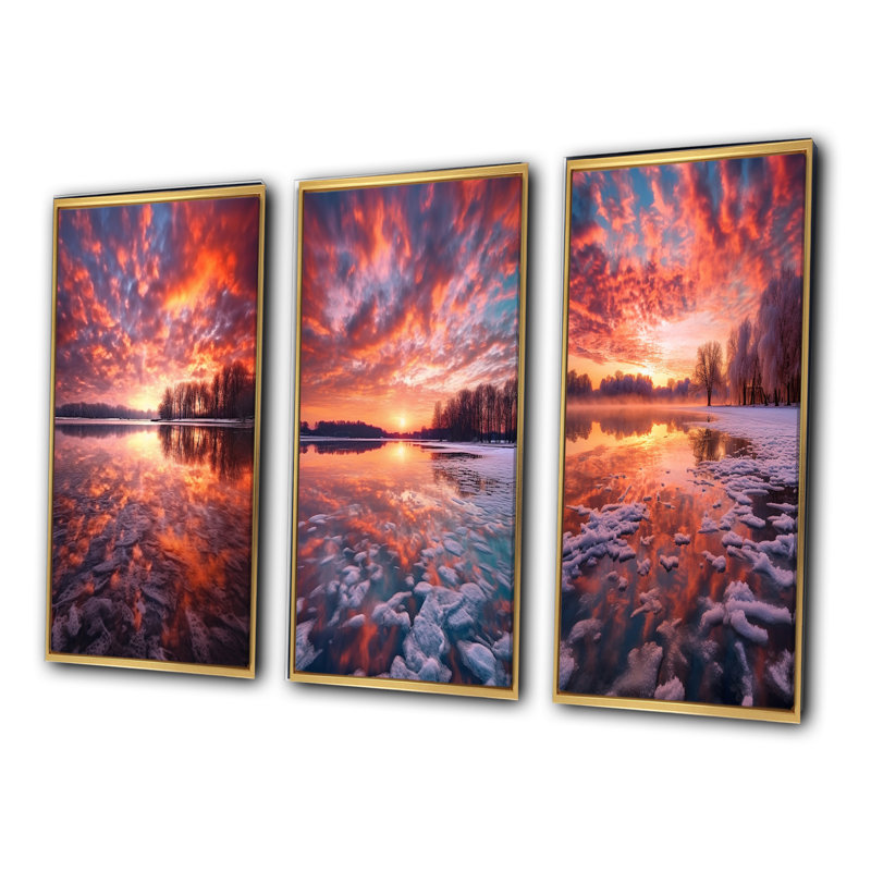 «Majestic Sunshine Over Snowy Winter Lake», 3 pièces, Cadre flottant doré, H 60 po x l 40 po