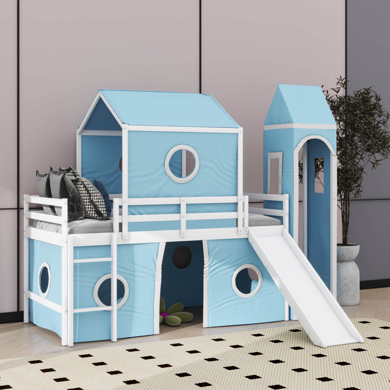 Twin Loft Bed Embellished With Slide And Turret, Blue