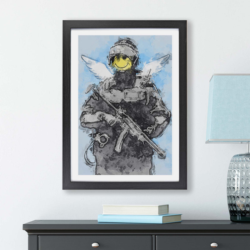 Smiley Policeman by Banksy - Framed Print, 45cm H x 63cm W x 2cm D, Black