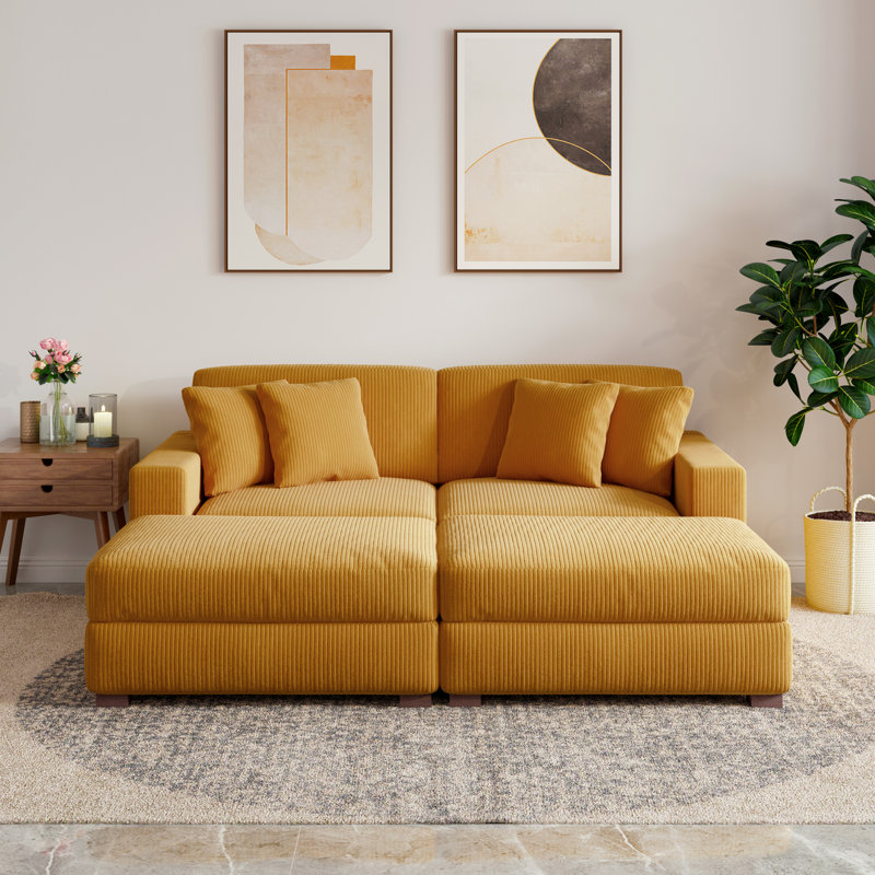 4-Piece Upholstered Orange Corduroy Modular Sectional Sleeper Sofa Set With Armchairs & Removable Ottomans, Orange