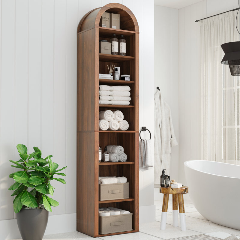 70" Arched Narrow Bookcase, 8-Tier Open Bookshelf, Brown