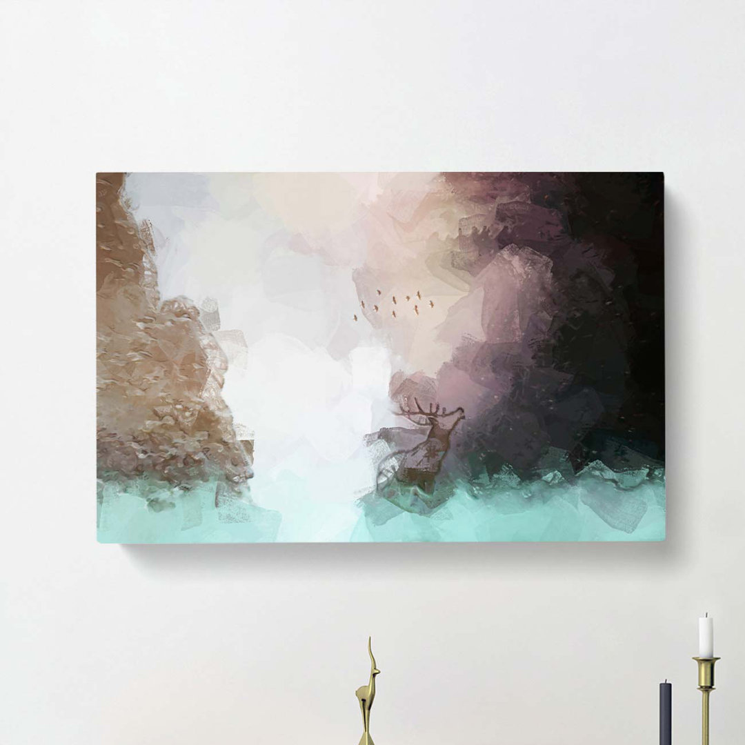 Birds Above a Stag in Abstract - Wrapped Canvas