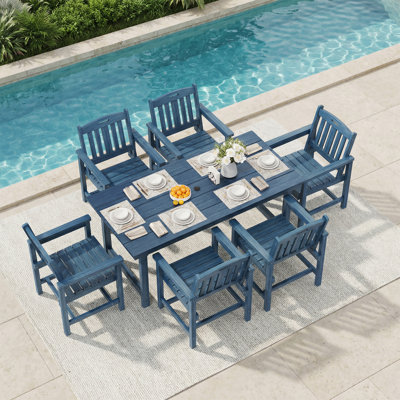 7-Piece HDPE Outdoor Dining Set with 66.9" Marble-Textured Table, 1.91" Umbrella Hole & 6 Wide Chairs—All-Weather Furniture for Porch, Deck, or Backyard, Navy