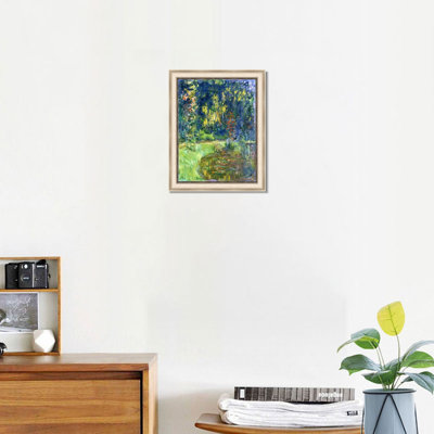 Framed Canvas Wall Art The Water Lily Pond at Giverny, 1917 by Claude Monet Print Impressionist Landscape Painting Living Room Office Decor(White Oak & Mineral Grey,28"x36")