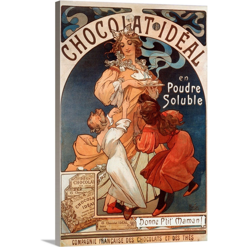Affiche publicitaire « chocolat ideal » par Alphonse Marie Mucha-impression sur toile, H 36 po x l 24 po x P 1,25 po