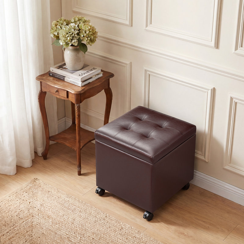 Pouf de rangement carré de 39 cm en similicuir avec roulettes et plateau, Marron foncé