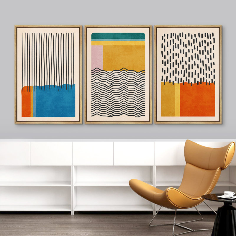 Abstract Vibrant Color Blocks " Mid-century Modern Multicolor Block Colorful Framed Abstract Geometric Canvas Print Wall Art " 3 - Pieces
