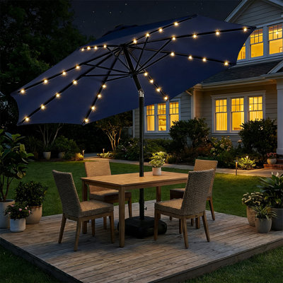 Solar LED Lighted Market Patio Umbrella with Base & Push Button Tilt