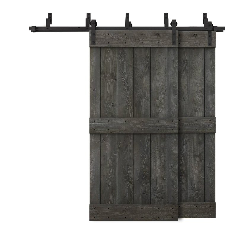 Porte de grange double à panneaux en bois teinté à panneau Mid-Bar, 96 po x 84 po, Gris carbone