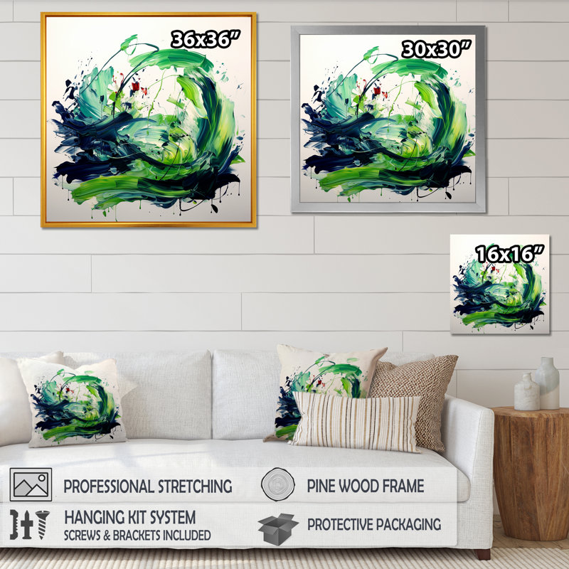 «Green and White Abstract Ink Expression V», art mural abstrait, H 30 po x l 30 po x P 1,5 po, Cadre flottant noir